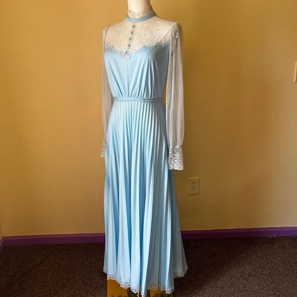 Vintage 70s Blue Lace Long Sleeve Nightgown Hostess Dress Victorian Small - Picture 10 of 12